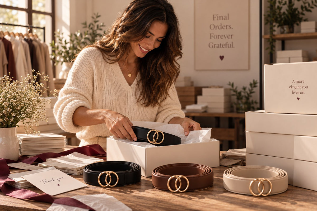 Final orders packed by hand at the Amelia Belts studio
