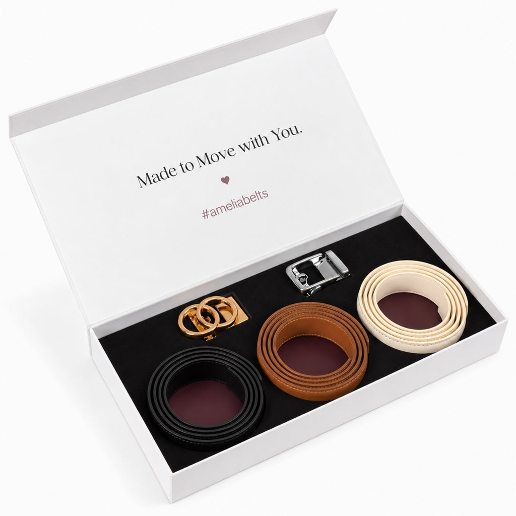 The Amelia Trio - three hole-free leather belts and two interchangeable buckles in a gift box