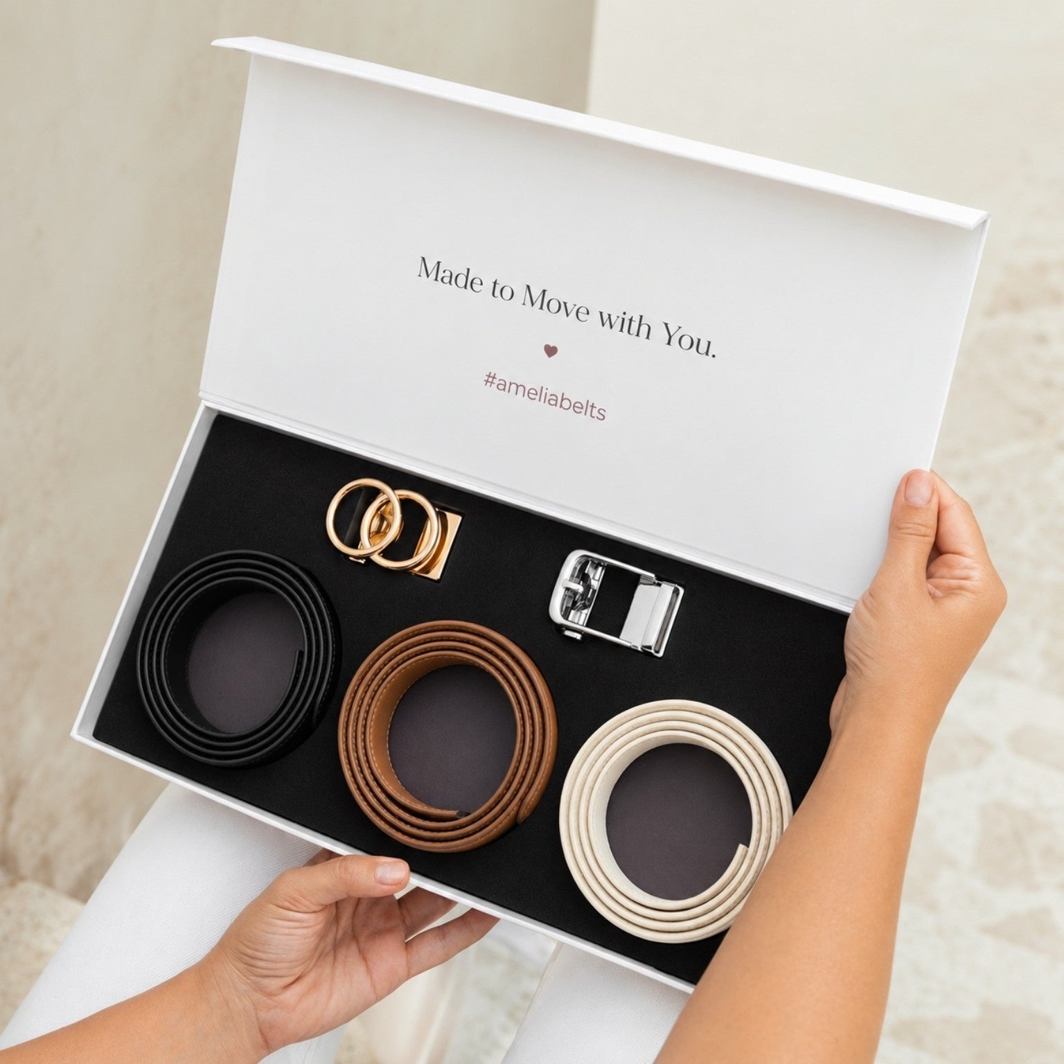 The Amelia Trio - three hole-free leather belts and two interchangeable buckles in a gift box