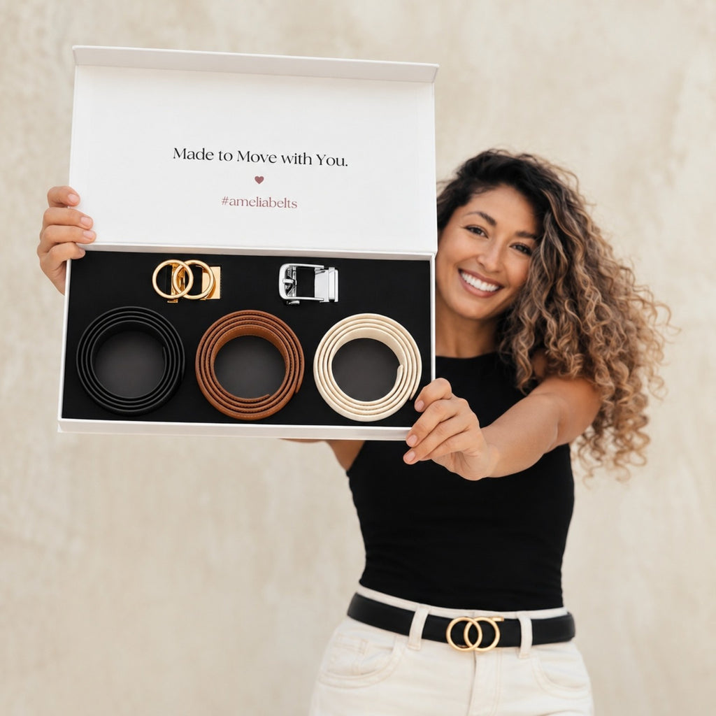 The Amelia Trio - three hole-free leather belts and two interchangeable buckles in a gift box